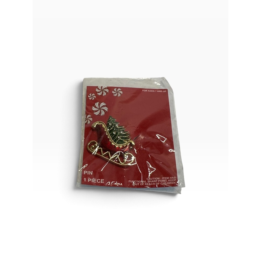 New Vintage FAF Christmas Sleigh Pin Red Enamel Rhinestone Holiday